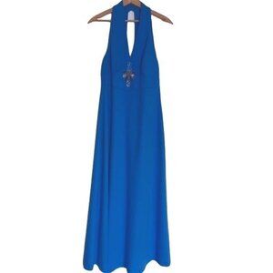 Vintage Beaded Halter Dress Full Length Turquoise Blue Circa early 1970's